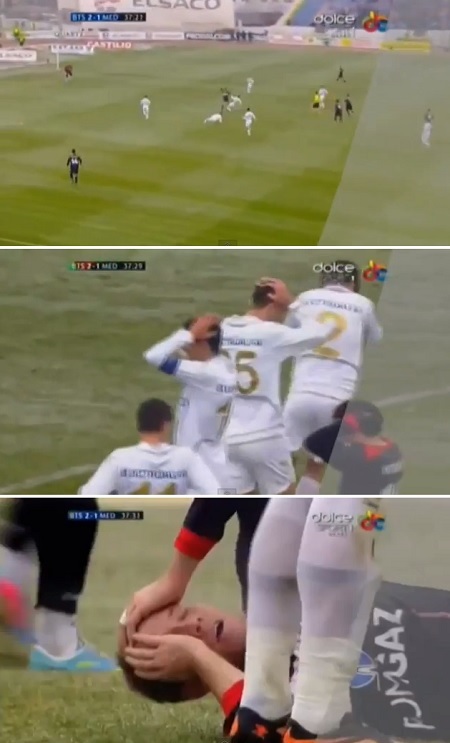 댄 로만이 19일 뮤니시플 스타디움에서 열린 2013~2014시즌 루마니아 리그1 보토사니와 원정 경기에서 크게 다쳐 고통스러워 하고 있다. / 유튜브 영상 캡처