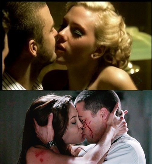 남녀가 생각하는 미인 기준 중 입술 부문에서 남성은 안젤리나 졸리(아래 왼쪽)를, 여성은 스칼렛 요한슨(위 오른쪽)을 지목했다. / 영화 인타임, 미스터 앤 미세스 스미스 스틸