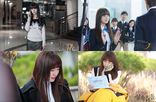 SBS 드라마 상속자들에서 자신의 약혼자 김탄(이민호 분)을 뺏어간 차은상(박신혜 분)을 다양한 방법으로 괴롭히던 유라헬(김지원 분). 김지원은 라헬이란 캐릭터로 제대로 된 악녀를 보여주고 싶었다고 이야기했다./SBS 제공