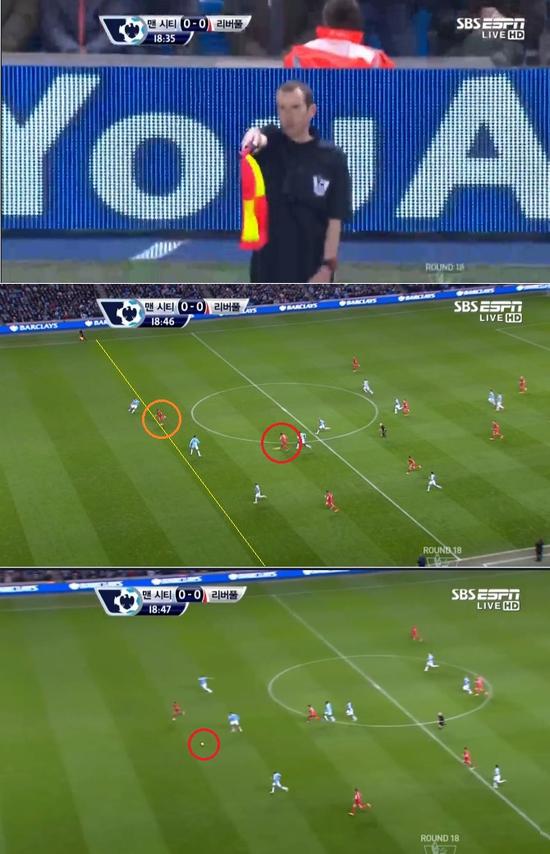 리버풀의 라힘 스털링이 27일 맨체스터 시티전에서 전반 17분 골을 터뜨렸으나 부심이 오프사이드를 선언해 득점을 인정받지 못했다. 하지만 느린 그림으로 확인한 결과 부심의 판정은 오심이었다. / SBS ESPN 중계 캡처