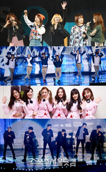 아이돌그룹 포미닛, 엑소, 에이핑크, 비스트(맨 위부터)등 여러 아이돌 멤버들이 다양한 조합으로 합동 무대를 보여 줄 예정이다./최진석·남윤호 기자