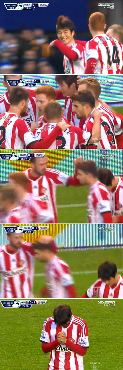 기성용이 27일 구디슨 파크에서 열린 2013~2014시즌 잉글리시 프리미어리그 18라운드 에버튼전에서 전반 23분 골을 터뜨린 뒤 기도 골 뒤풀이를 펼치고 있다. / SBS ESPN 중계 캡처