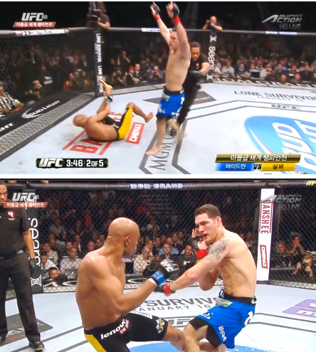 격투의 신 앤더슨 실바(왼쪽)가 29일 미국 네바다주 라스베이거스 MGM 그랜드가든 아레나에서 열린 UFC 168대회에서 챔피언 크리스 와이드먼을 상대로 설욕을 꿈꿨지만, 불의의 부상으로 2라운드 TKO 패배를 당했다. / 슈퍼액션 중계 화면 캡처