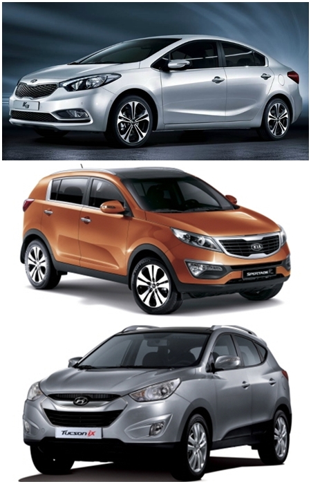 기아자동차 K3(2014년형), 스포티지R(2011년형)과 현대자동차 투싼ix(2011년형)가 최근 미국 고속도로안전보험협회가 실시한 스몰오버랩 시험에서 불량 판정을 받았다./현대기아차 제공