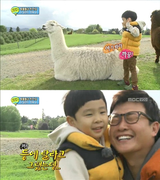 김성주(아래 오른쪽)가 둘째 아들 민율과 MBC 일밤-아빠 어디가 시즌2 합류에 대해 조심스러운 반응을 보이고 있다./MBC 일밤-아빠 어디가 방송 캡처