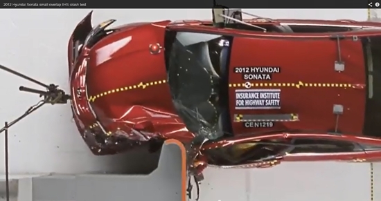 현대자동차 쏘나타(2012년형)이 최근 미국 고속도로안전보험협회가 실시한 스몰오버랩 시험에서 보통 등급을 받았다./유튜브 동영상 캡처