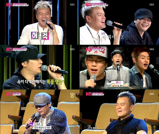 심사위원 박진영(맨 위)과 양현석(가운데, 왼쪽)이 29일 방송된 SBS 일요일이 좋다-서바이벌 오디션 K팝스타 시즌3에서 EQ 팀에게 찬사를 보내고 있다./SBS 일요일이 좋다-서바이벌 오디션 K팝스타 시즌3 방송 화면 캡처