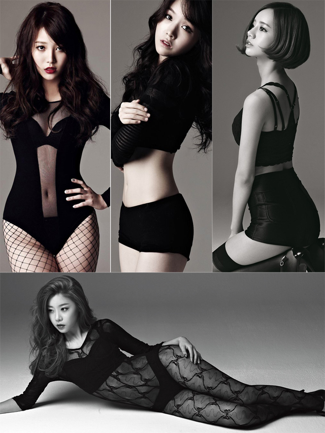 걸스데이 유라(위쪽 맨 왼쪽), 민아(위쪽 가운데), 혜리(위쪽 맨 오른쪽), 소진(아래)가 파격적인 노출 화보를 공개했다. / 걸스데이 SNS