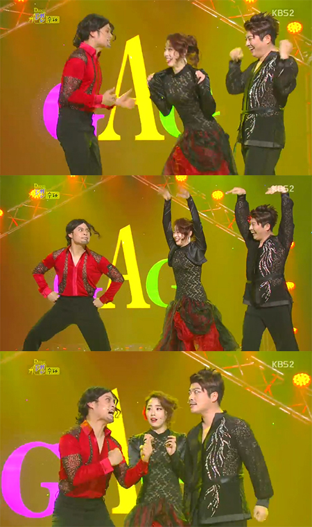 허민(가운데)이 송준근과 김재욱(오른쪽)을 유혹하고 있다. /KBS2 개그콘서트 방송 캡처