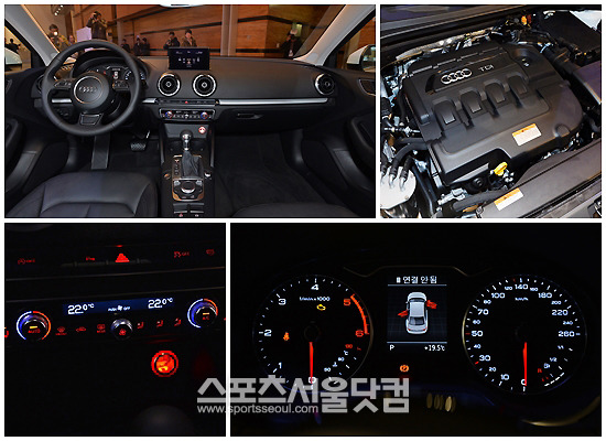 아우디 코리아는 6일 오전 서울 삼성동 코엑스에서 신차발표회를 열고 뉴 아우디 A3 세단 실내와 엔진룸(오른쪽 위)을 공개했다.
