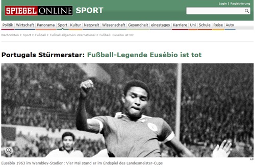 포르투갈의 전설적인 축구 선수 에우제비우가 5일(현지 시각) 심장 질환으로 영면했다. / 슈피겔 보도 화면