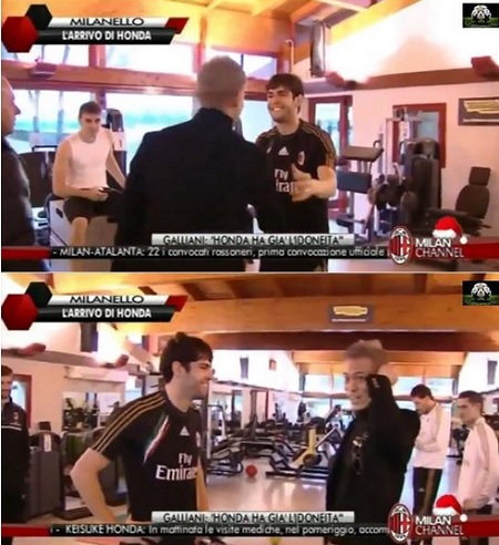 혼다 게이스케가 5일 클럽하우스를 찾아 카카와 인사를 나누고 있다. / 유튜브 영상 캡처