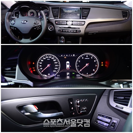 2014년형 K9에는 블랙하이그로시 재질로 마감처리 한 센터페시아와 우드그레인 및 크롬재질로 감싼 도어가 적용됐다.