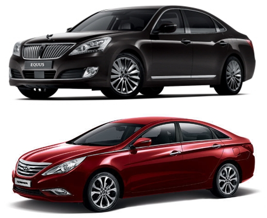 판매되고 있는 국산 세단 가운데 대형에서는 에쿠스(위쪽)가, 중형에서는 쏘나타가 마력이 가장 높다./현대차 제공