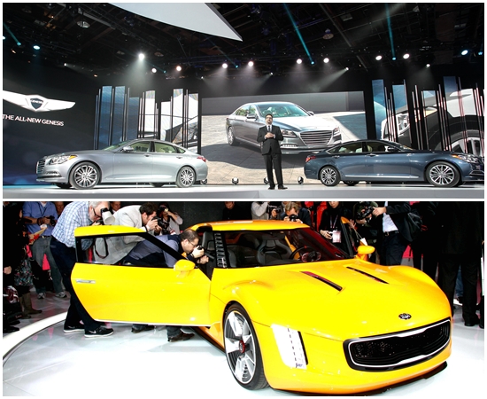 현대자동차와 기아자동차가 2014 디트로이트 모터쇼에서 신형 제네시스와 스포츠 콘셉트카 GT4를 공개했다./현대기아자동차 제공