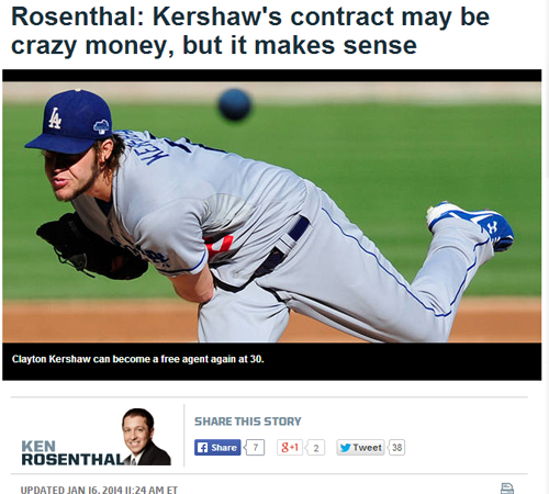 미국 폭스스포츠가 16일 홈페이지에 클레이튼 커쇼 계약을 비중 있게 분석하고 있다. / 폭스스포츠 홈페이지 캡처