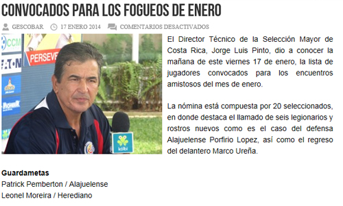 조르제 루이스 핀투 코스타리카 축구 국가대표팀 감독이 18일 한국전에 나설 20명의 엔트리를 발표했다. / 코스타리카 축구협회 홈페이지