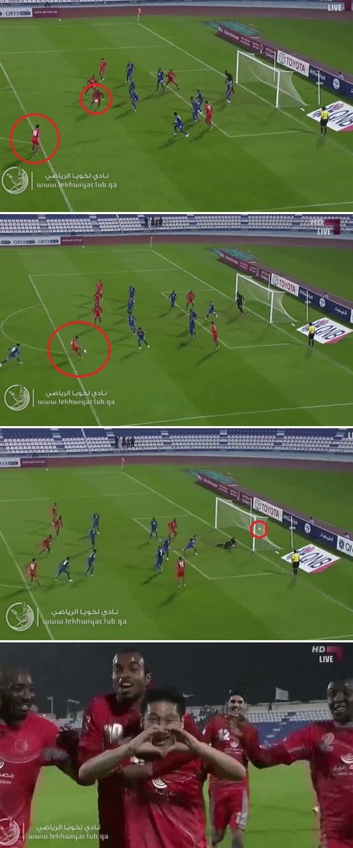 남태희가 19일 열린 2013~2014시즌 카타르 스타스리그 15라운드 알 카리티야트와 원정 경기에서 후반 36분 역전 결승 골을 터뜨리고 있다. / 유튜브 영상 캡처