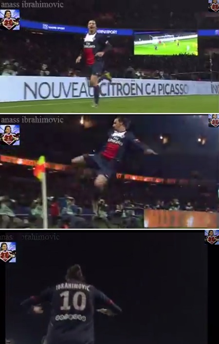 즐라탄 이브라히모비치가 20일 2013~2014시즌 프랑스 리그1 21라운드 낭트와 홈경기에서 멀티 골을 터뜨린 뒤 발차기 세리머니를 펼치고 있다. / 유튜브 영상 캡처