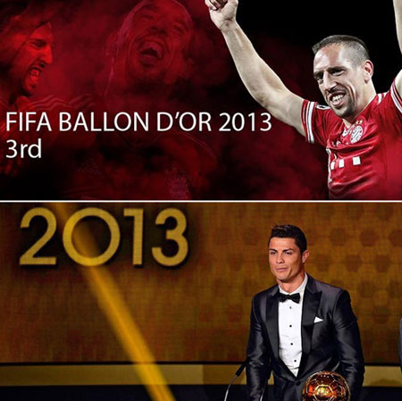 2013년 FIFA 발롱도르 시상식에서 3위에 그친 프랭크 리베리(위)와 1위를 차지한 크리스티아누 호날두. /출처=바이에른 뮌헨 페이스북, 레알 마드리드 페이스북
