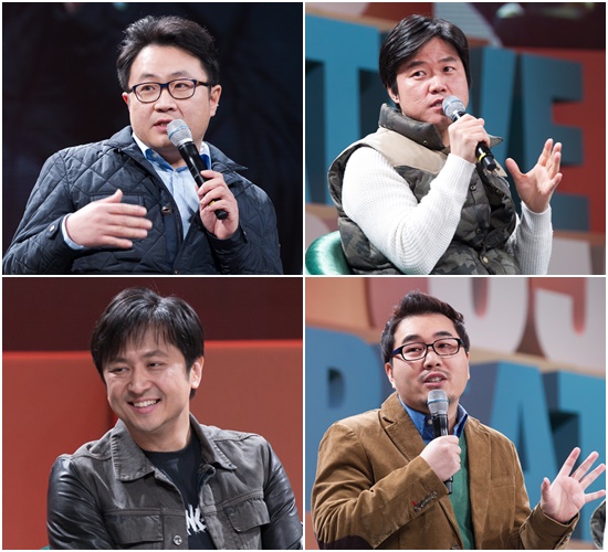 CJ E&M의 이명한 국장 나영석 PD 김용범 PD 신형관 상무(왼쪽부터 시계방향)가 제2회 CJ 크리에이티브 포럼(CJ Creative Forum)-세상을 바꾸는 컬처 토크에서 창조에 대해 얘기했다. / CJ E&M 제공