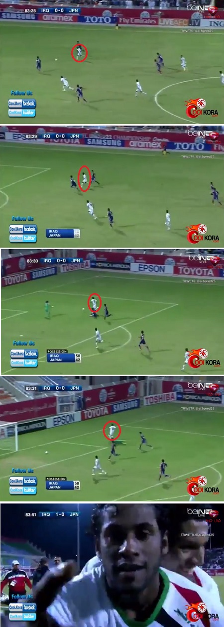 이라크의 암제드 알문타픽이 21일 열린 2013 AFC U-22 선수권대회 8강 일본과 경기에서 결승골을 터뜨리고 있다. / 유튜브 영상 캡처