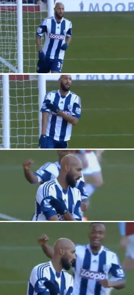 웨스트브로미치 알비온의 니콜라스 아넬카 지난달 28일 런던 업튼파크에서 열린 2013~2014시즌 잉글리시 프리미어리그 19라운드 웨스트햄과 원정 경기에서 문제의 골 세리머니를 펼치고 있다. / 유튜브 영상 캡처