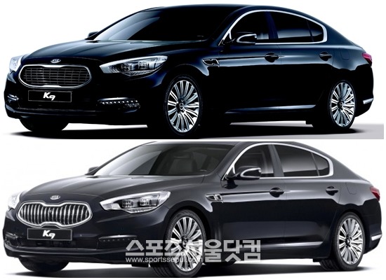 기아자동차 2014년형 K9(위쪽)이 전면부 디자인 변경과 상품성이 강화됐지만 기존 모델 대비 가격이 최대 690만원 인하돼 최근 판매량이 늘고 있다./기아차 제공