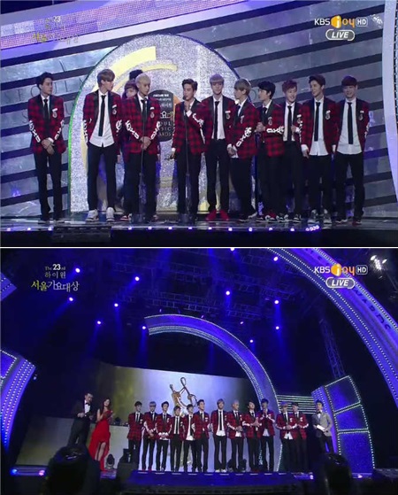 엑소가 대상, 디지털 음원상, 본상 등 3관왕을 차지하며 23회 하이원 서울가요대상의 진정한 주인공이 됐다. / KBS Joy 서울가요대상 방송 캡처