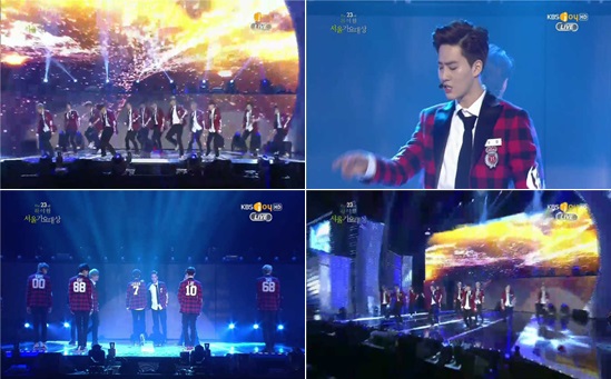 엑소가 서울가요대상에서 멋진 축하 무대를 꾸미고 있다. / KBS Joy 서울가요대상 방송 캡처