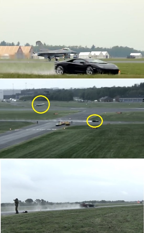 최근 유튜브에 람보르기니의 아벤타도르와 전투기 F-16 파이팅 팰콘이 속도 대결을 펼친 영상이 올라왔다./유튜브 캡처