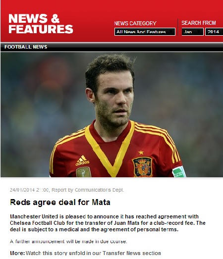 맨체스터 유나이티드가 첼시와 후안 마타의 이적을 합의했다. / 맨체스터 유나이트드 홈페이지 캡처