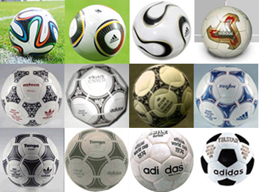 2014브라질월드컵 공인구인 자블라니(왼쪽 위부터 지그재그 방향), 자블라니, 팀 가이스트, 피버노바, 트리콜로, 퀘스트라, 에트루스코 유니코, 아스테카, 탱고 에스파냐, 탱고, 텔스타 칠레, 텔스타. / 더팩트 DB, 스포츠서울 DB, 온라인 커뮤니티