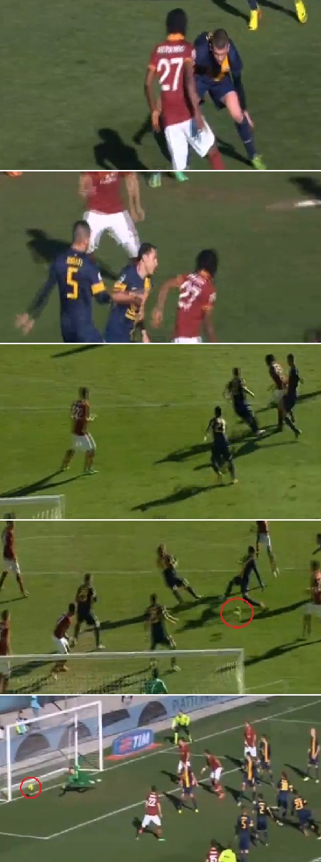 AS 로마의 공격수 제르비뉴가 26일 마르크 안토니오 벤테고디 스타디움에서 열린 2013~2014시즌 리그 21라운드 헬라스 베로나와 원정 경기에서 결승골을 터뜨리고 있다. / 유튜브 영상 캡처