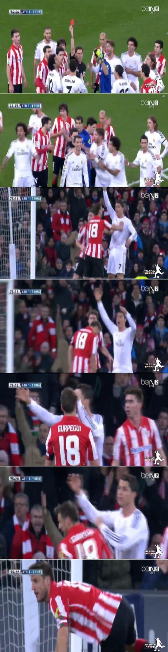 레알 마드리드의 크리스티아누 호날두가 3일 아틀레틱 빌바오전에서 레드 카드를 받고 헛웃음을 짓고 있다. / 유튜브 영상 캡처