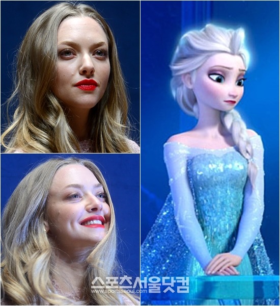 겨울왕국 엘사 캐릭터와 닮을꼴로 언급된 할리우드 배우 아만다 사이프리드(왼쪽)./남윤호 기자, 영화 겨울왕국스틸