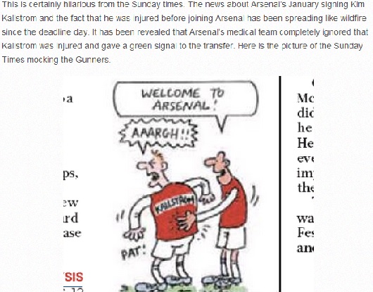 영국 언론인 선데이 타임스가 아스널과 계약 후 곧바로 부상으로 쓰러진 킴 칼스트롬을 풍자하는 만화를 공개했다. / 스포츠 리퍼블릭 캡처