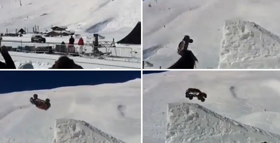 최근 유튜브에 설원의 자동차 묘기라는 영상이 올라왔다. 이 영상 속에는 한 차가 점프대를 도양해 360도 백 텀블링에 성공하는 장면이 담겨있다./유튜브 영상 캡처