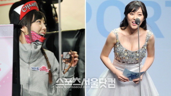 롤챔스 1대 리포터 민주희가 2013 e스포츠대상(오른쪽)과는 다른 귀여운 모습으로 ‘온게임넷 리그오브레전드 아마추어 챌린지 레이디스 현장에 등장, 팬들의 눈길을 사로잡았다./용산,능동=김슬기 인턴기자