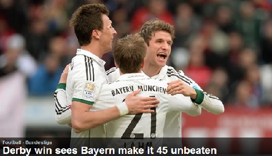 바이에른 뮌헨이 8일 독일의 바이에른주 이지크레딧 스타디온에서 열린 2013~2014 독일 분데스리가 20라운드 뉘른베르크와 원정 경기에서 승리를 챙기고 리그 45경기 연속 무패 행진을 이어갔다. / 유로스포트 캡처