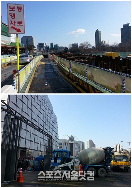 롯데 측이 올해 상반기 조기개장을 하겠다고 밝힌 제2롯데월드 저층부 3개 동 인근은 보행자 통로 및 자동차 전용도로 공사가 한창 진행 중이었다.