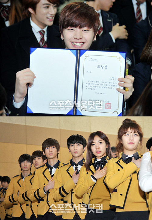 한림연예예술고등학교를 졸업한 비투비 육성재(위)와 서울공연예술고등학교를 졸업한 보이프렌드 영민-민우-광민-마이네임 채진-에이핑크 남주-글램 미소(아래 왼쪽에서부터). 이들 외에 많은 1995년생 아이돌 멤버들이 올해 고등학교를 졸업해 진정한 성인으로 거듭났다. /김슬기 인턴기자