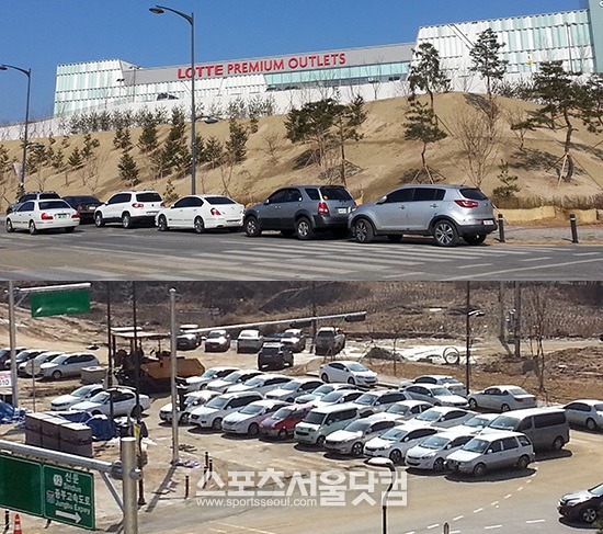 지난해 12월 개장한 경기도 이천 롯데 프리미엄 아울렛이 불법주차 문제로 몸살을 앓고 있다. / 이천 = 서재근 기자