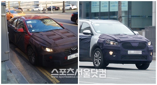 지난 6일과 18일 <더팩트> 카메라에 찍힌 현대차의 LF 쏘나타(왼쪽)와 기아차의 신형 쏘렌토 헤드램프는 가로로 찢어진 둥근 모양이 서로 닮았다./문병희 기자·신진환 인턴기자