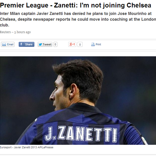 인테르 밀란의 주장 하비에르 사네티가 22일 인테르 채널과 인터뷰에서 첼시로 가지 않는다고 밝혔다. / 유로스포트 캡처