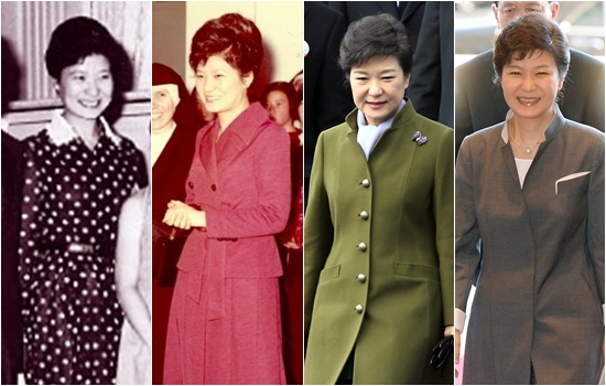 박근혜 대통령은 고 박정희 전 대통령을 보필하던 영애 시절에는 주름 치마를(왼쪽 첫 번째, 두 번째 사진), 2013년 2월 25일 대통령 취임 이후에는 바지 정장을 즐겨 입었다. /박근혜 대통령 미니홈피, 더팩트 DB