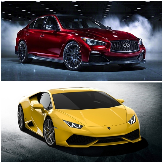 인피니티와 람보르기니는 2014 제네바 모터쇼에 각각 Q50 오 루즈와 우라칸 LP-610-4를 공개한다./인피니티, 람보르기니 제공