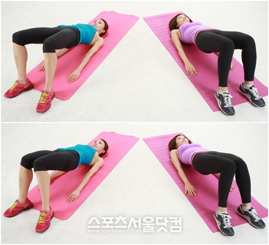 응용동작은 상체를 고정하고 엉덩이를 들어올려 다리를 벌렸다 오므리는 자세다./조재형 기자