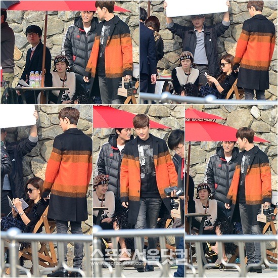 커피 셔틀은 매너남인 제가 하겠습니다 박해진(맨 오른쪽)이 매너를 발휘하며 동료 배우들과 촬영 스태프 관계자들을 챙기고 있다. /일산=이새롬 기자