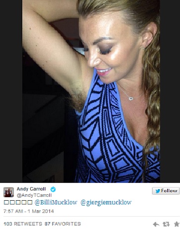 잉글리시 프리미어리그 웨스트햄의 공격수 악동 앤디 캐롤이 여자 친구의 겨드랑이털이 노출된 사진을 공개했다고 아일랜드 언론이 2일 보도했다. / 아일랜드 언론 캡처